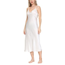 OSCAR ROSSA Women's Long Mulberry Silk Nightgown 100% Silk Full Slip Chemise with Charming Lace, Natural White, L