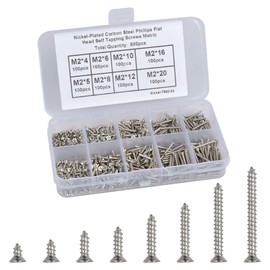 Pack of 800 M2 Phillips Screws Countersunk Tapping Screws Carbon Steel Kits, Wood Screws Flat Head Self Tapping Screws Set, Grub Screw Tek Screws in Metals with Storage Box