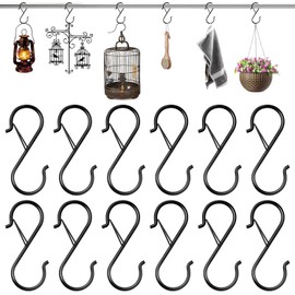 SYEYCW 12 Pcs S Shaped Metal Hooks, Black S Hooks with Safety Buckle, 9.2cm Heavy Duty Large Hooks for Hanging, Kitchen Utensil Hooks, for Hanging Plants, Lights, Kitchenware, Clothes, Towels