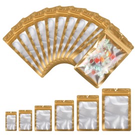 EIOFG Packaging 100PCS Small Sampale Bags(2.4 * 3.9inch), Smell Proof Resealable Bags with Clear Window, Party Favor Bag Great for Candy, Packing Bag (Gold)