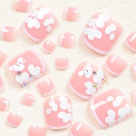 French Tip Press on Toenails White Flower Full Cover Fake Toenails Short Square Summer False Toenails Cute Toe Nails Press ons with Rhinestone Full Flower Design Glossy Toenails for Women Girls 24 Pcs