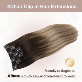 XDhair Haarverlängerung, Echthaar, Clip in Dunkelbraun bis Hellbraun und Aschblond, Extensions, Echthaar, 40 cm, 100 g, 6 Stück, Remy Shark Flex Style Hair (#2/6/18-40)