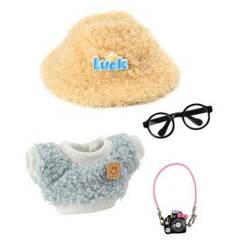 17cm Doll Clothes, Kawaii 4-Piece 17cm Clothes Dolls Outfit Set with Accessories – Luck Oatmeat Hat + Black Glasses + Black Camera + Blue Smily Shirt(Doll Not Included)