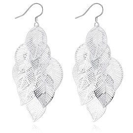 RLHRNDE Silver Leaf Earrings for Women Girls Delicate Handmade Boho Layered Filigree Leaves Chandelier Lightweight Dangle Drop Earrings (Silver)