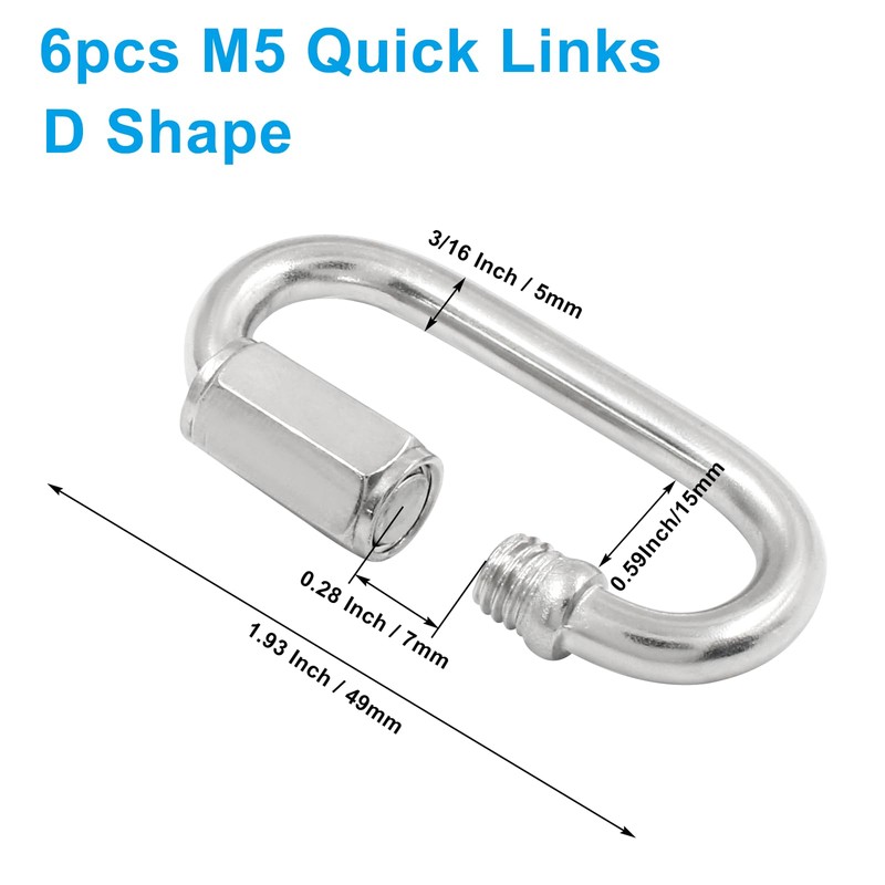 Qjaiune 6Pcs Quick Links 3/16 Inch 304 Stainless Steel D
