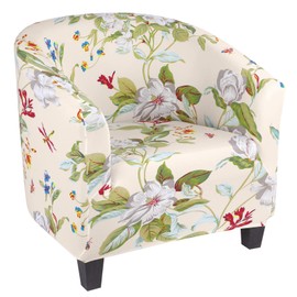 SearchI Club Chair Slipcover Stretch Barrel Chair Covers Printed Tub Chair Slipcovers Spandex Armchair Sofa Cover Removable Couch Furniture Protector Arm Chair Cover for Living Room(Beige+Flowers)