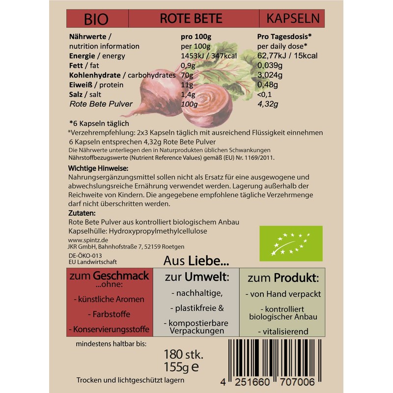 SPINTZ® 180 Organic Beetroot Capsules - High Dose Beetroot Tablets