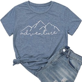 Mountain Hiking Traveling Women Summer Adventure Funny Letter Print T-Shirt Gift for Mothers Day Loose Cute Tops,Ink Blue M