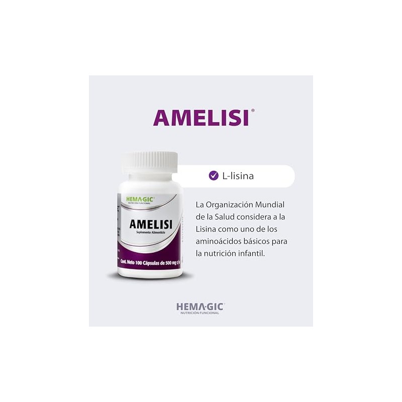 Amelisi Lisina 100 Cápsulas 500 Suplementos Alimenticios Aminoácidos Esenciales Celulosa