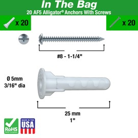 TOGGLER Alligator AF5 Flanged Anchor with Screws, Polypropylene, Made in US, for #4 to #9 Fastener Sizes (20)