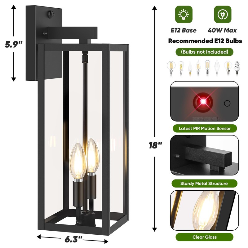 2-Pack Upgraded Motion Sensor Outdoor Wall Lights, 18” Large Dusk