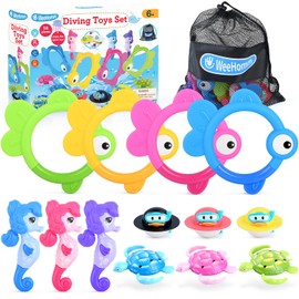 WeeHomm Pool Diving Toys for Kids, 14 PCS Swimming Pool Diving Rings, Summer Dive Sticks with Float Toys for Kids 4-8 8-12, Sea Animals Sinking Games for Teens, with Seahorse/Fish/Turtles/Ducks