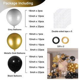 136pcs Black Gold Grey Balloons Garland Arch Kit,18 12 10 5 Inch Different Sizes Pack Party Latex Balloons for Valentine’s Day Birthday Holiday Party Decorations