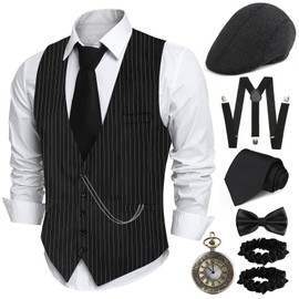 PARTTELY 1920s Mens Costume,Roaring 20s Costumes for Men,1920S Mens Outfit Accessories with Vest Hat Pocket Watch Tie Armband