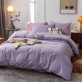 Janlive Washed Cotton Duvet Cover Twin Ultra Soft 100% Cotton Solid Color Lavender Purple Duvet Cover Set with Zipper Closure -2 Pieces Purple Twin