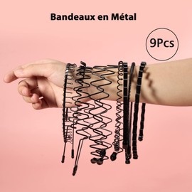 Pack of 9 Metal Hair Bands, Wave Headband Men Women with Non-Slip Teeth, Black Non-Slip Elastic Fashion Headband Hair Styling Accessories for Sports, Fitness, Daily Makeup (Black)