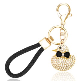 Rhinestone Duck Keychain Cute Bling Novelty Key Chains for Women Bow Duck Pendant Accessories Purse Backpack Wallet Handbag Gold Bag Charms (Black)