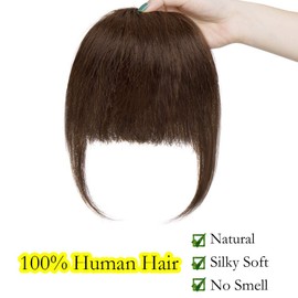 Silk-co One Piece Hair Bangs Fringe Hair Extensions Clip in Human Hair Extension #04 Medium Brown Straight Flat with Temple