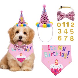 ADOGGYGO Dog Birthday Bandana Scarf and Dog Girl Boy Birthday Party Hat with Cute Dog Bow Tie for Small Dog Cat (Small, Pink)
