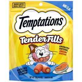 Temptations Tender Fills Grilled Salmon Flavor Crunchy and Soft Adult Cat Treats, 4.6 oz. Pouch (Pack of 10)