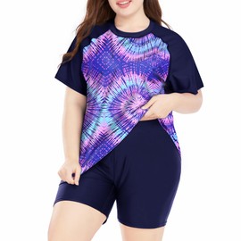 Davena Plus Size Rash Guard for Women 2 Piece Big Size Swimsuits Short Sleeve Bathing Suit with Bottom UV UPF 50+(Purple Multi Geometry,1X)