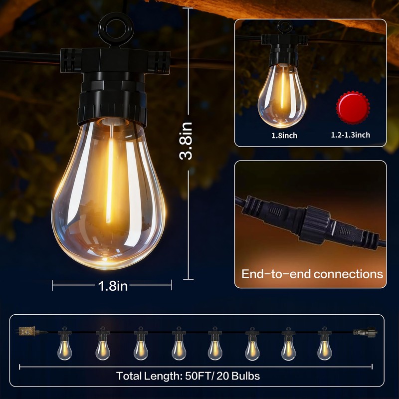 BYIZO 50FT Outdoor String Lights with Remote, 20 Dimmable Shatterproof