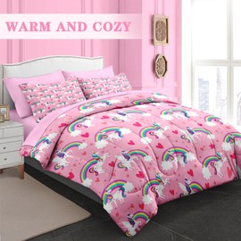 Pamnest Comforter Set Twin Size, Cute Heart Unicorn 5 Pcs Bedding for Kids and Adults, Love Happy Horse Pink Bed Sheet Sets with Fitted Sheet Pillowcase & Sham for Bedroom Bed Decor