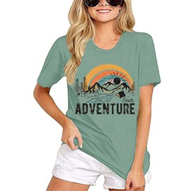 Cute Sunshine Graphic Women Shirts Funny Summer Adventure Mountain Athletic Tops Loose Short Sleeve Tees, Bean Green L