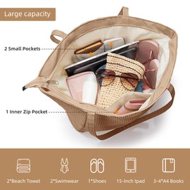 KALIDI Straw Beach Bag for Women Straw Tote Bag with Zip Large Handbag Summer Holiday Bag