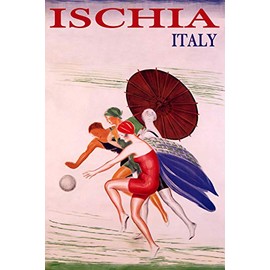 WONDERFULITEMS Ischia Italy Summer Beach Happy Women Playing Ball Sun Umbrella Travel 16" x 24" Image Size Vintage Poster repro Canvas Rolled up. We Have Other Sizes