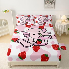 QOOMO Cartoon Axolotl Bedding for Boys and Girls Pink Cow Print Kids Sheets Set Strawberry Milk Breathable Room Decoration Queen Size 1 Fitted Sheet, 1 Flat Sheet, 2 Pillow Cases