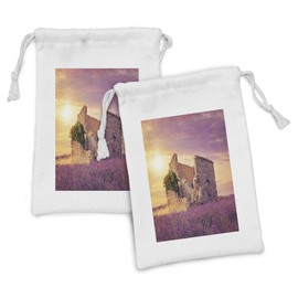 Lunarable Lavender Fabric Pouch Set of 2, Flourishing Spring Field and Damaged Old Historical Ruins View at Sunset, Small Drawstring Bag for Toiletries Masks and Favors, 9" x 6", Lavender Peach Green
