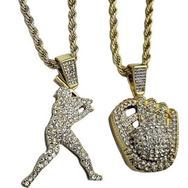 MAXBLING81 Iced Lab Diamond Gold Plated Baseball Hitter & Glove Pendant & 4mm 24" Rope Chain Hip Hop Jewelry Necklace (2 NECKLACE SET)