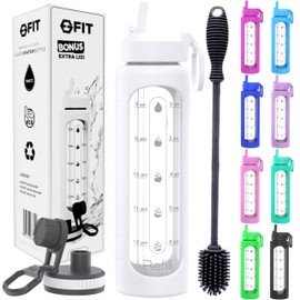 FIT Strong & Healthy Glass Water Bottle with Time Marker Reminder 32 oz - EXTRA LID, Reusable, Wide Mouth, Leakproof, Large Motivational Water Bottle, Waterbottle (White, Cleaning Brush)