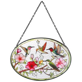Hummingbird Stained Glass Window Hanging - 6.7" x 9.4" Hummingbird Gift for Women, Sun Painted Glass Panel Catcher Ornament for Christmas Home Windows Decor Birds Lover Gifts