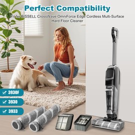 3930F 3933 3930 Brush Roll Filter Replacement Kit for Bissell CrossWave OmniForce Edge Cordless Multi-Surface Hard Floor Cleaner Wet Dry Vacuum, 2 HEPA Filters, 4 ZeroGap Brush Roll, 1 Cleaning brush