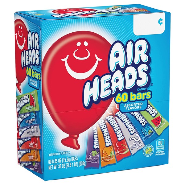 Airheads Candy Bars, Variety Bulk Box, Chewy Full Size Fruit Taffy, Gifts, Back to School for Kids, Non Melting, Party, 60 Count (Packaging May Vary)