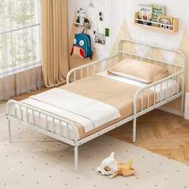 Giantex Metal Twin Bed Frames for Kids, Heavy Duty Metal Platform Bed Frame with Headboard & Safety Guardrails, Modern Toddler Bed with Metal Slat Support for Girls Boys, No Box Spring Needed (White)