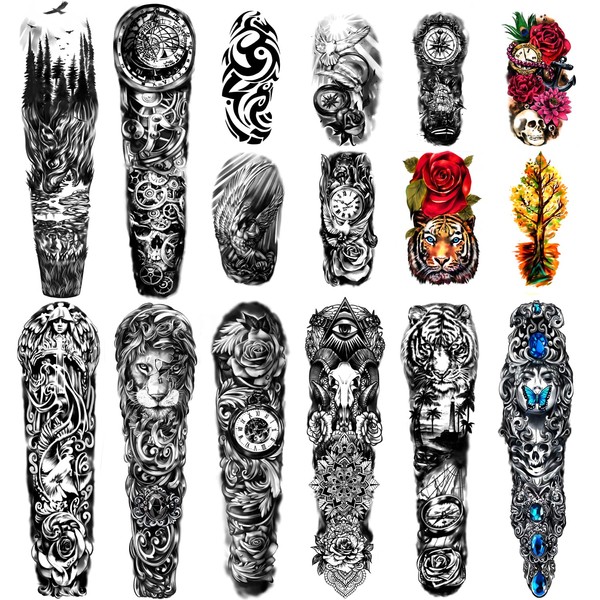 Extra Large waterproof Temporary Tattoos 8 Sheets Full Arm Fake Tattoos and 8 Sheets Half Arm Tattoo Stickers for Men and Women (22.83"X7.1")