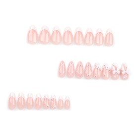 Foccna Foccna French Press on Nails Medium Rhinestone Pink Fake Nails Almond Bling Glossy 3D Flower False Nail Tips Artificial Nails Finger Manicure for Women&Girls -24 pcs