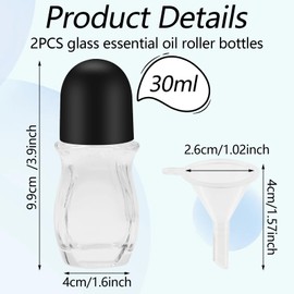 Yasdyri Empty Glass Roller Bottles 2 Pcs Black Clear Empty Glass Essential Oil Roller Bottles Empty Refillable Roll on Glass Bottles with Refillable Containers Tools and Accessories (30ML)