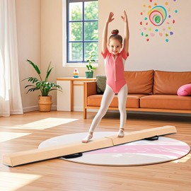 GYMAX 7FT Folding Balance Beam, Portable Floor Gymnastics Beam with Carrying Handle, Suede Cover, EVA Foam, Non-Slip Base, Gymnastics Equipment for Kids Teens Home Training (Khaki)