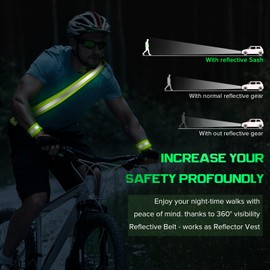 Reflective Sash for Walking at Night, High Visibility Reflective Running Gear Night Walking Safety Gear for Men Women Kids, Reflective Sash with 2 Pcs Reflective Armbands for Running Walking (Green)