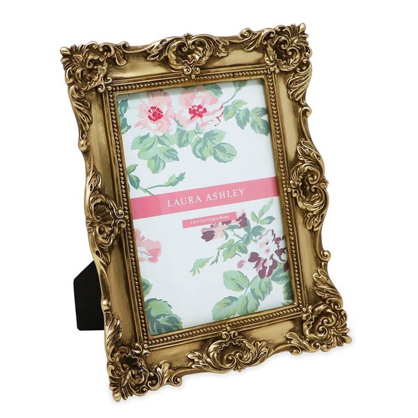 Laura Ashley 5x7 Gold Ornate Textured Hand-Crafted Resin Picture Frame with Easel & Hook for Tabletop & Wall Display, Decorative Floral Design Home Décor, Photo Gallery, Art, More (5x7, Gold)
