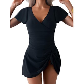 Eagerbuy Women's One Piece Swimdress Swimsuits for Women Tummy Control Swim Dresses Skirt Ruffled Bathing Suit Black