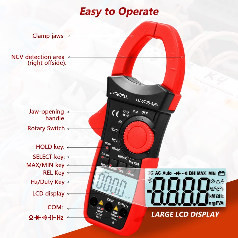 LYCEBELL Digital Current Clamp Multimeter, LC-570S-APP True RMS Digital Current