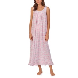 Eileen West Women's Sleeveless Knit Ballet Gown, White Ground Aqua and Pink Ditsy