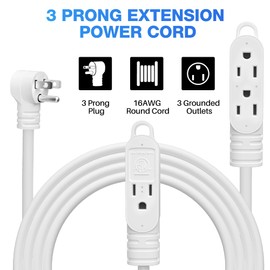 3 Prong Power Extension Cord with Multiple Outlets 10 FT, 16/3 Gauge Multi 3 Outlet Wire, 90 Degree Angled Male Plug, 16 AWG Grounded Wire (13A 125V 1625W), ETL Listed, White Cable with 25 Cable Ties