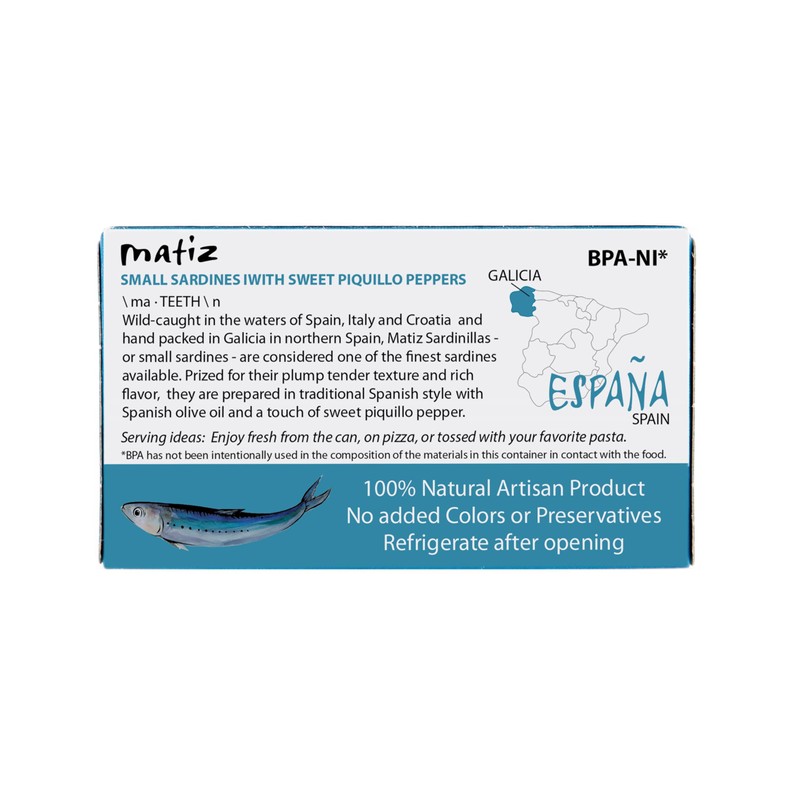 Matiz Sardinillas with Piquillo Peppers | Baby Sardines 3 Ounce