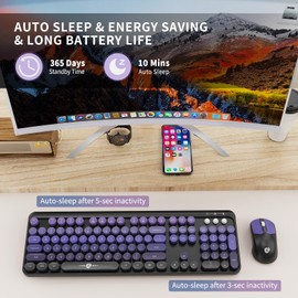 Wireless Keyboards Mouse Combos, Creamy Keyboard, Cute Wireless Keyboard and Mouse Set for Desktop Laptop PC Computer (Black Purple)